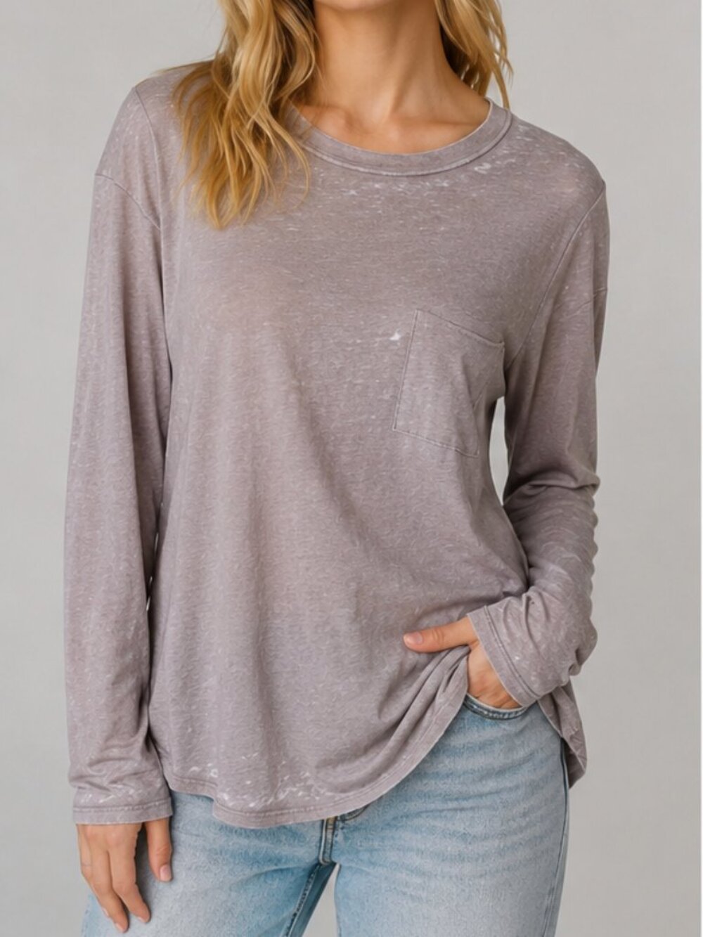 Chaser Burnout Slub Long Sleeve Pocket Tee Medium Taupe NWOT